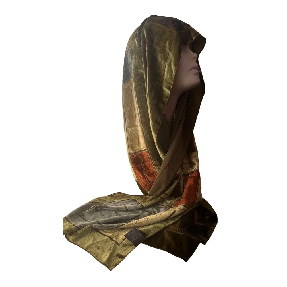 Cocoon House Silk Blend Burnout Velvet Scarf Olive Geometric Handmade EUC 13x60